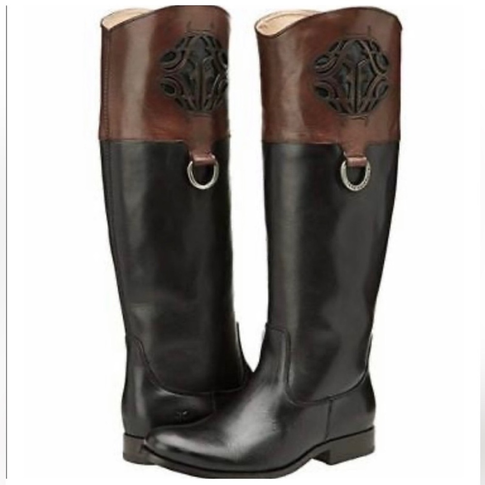 Frye Vintage Melissa Logo Monogram Riding Boots Black/Cognac Brown Size 6 $598